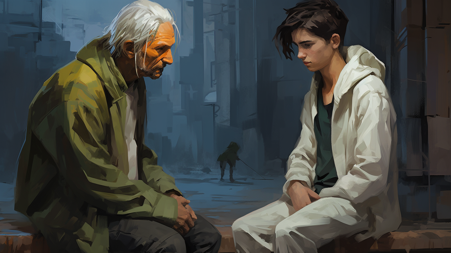 Cyberpunk street thug with old teacher-figure man in white clothes