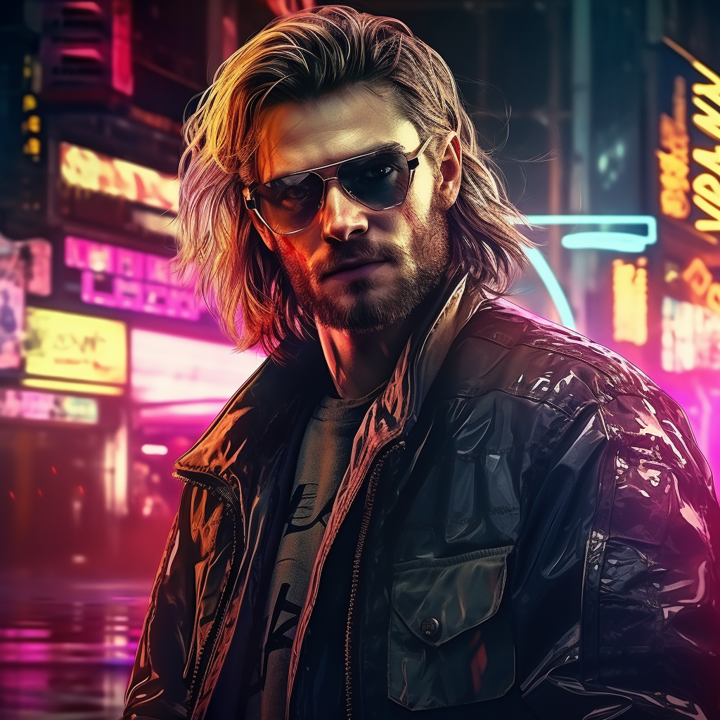 Stylish bearded man in cyberpunk streetwear outfit