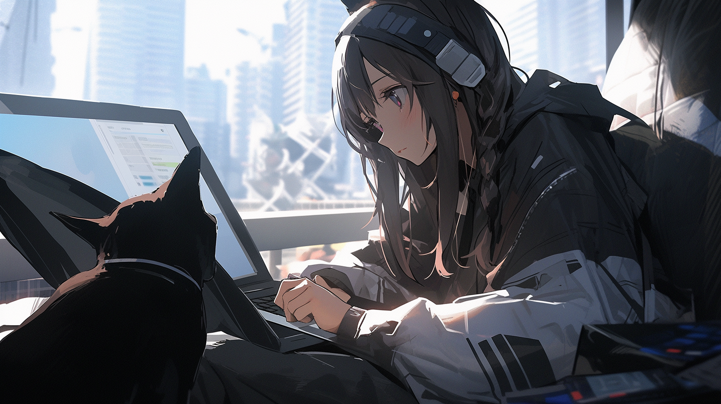 Female student in cyberpunk world reading laptop with cat