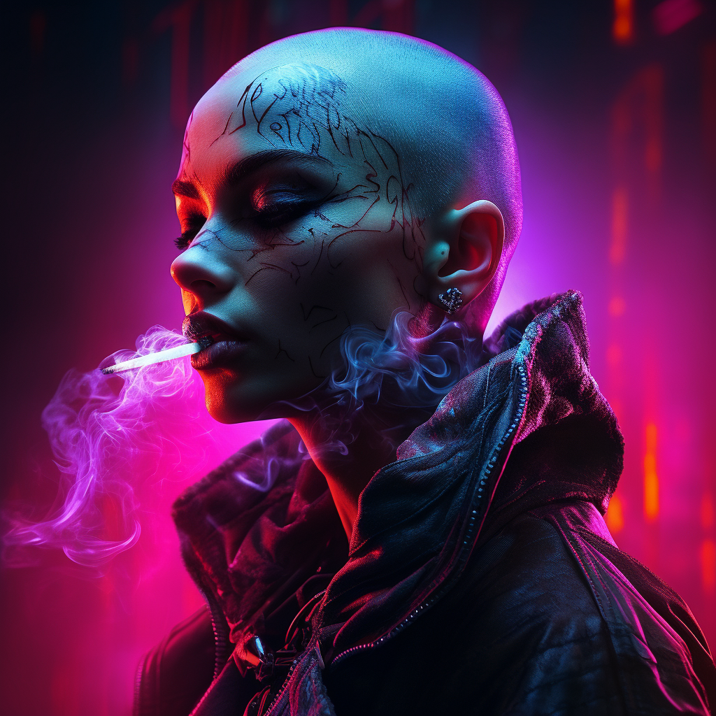 Cyberpunk woman with neon lights and smoke