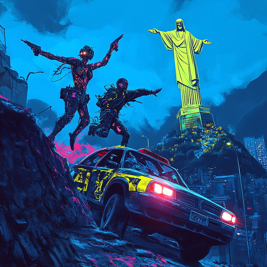 cyberpunks with synthetizers jumping over futuristic taxi, ruins background