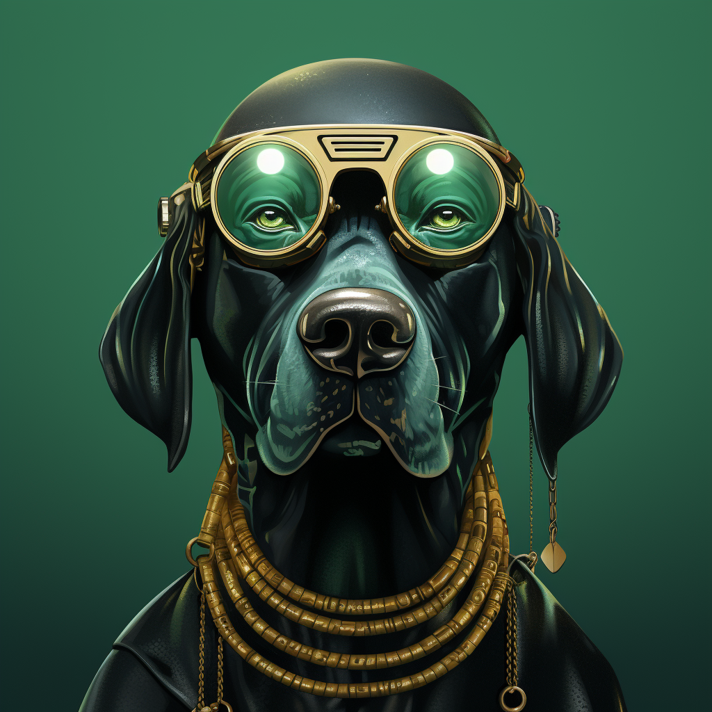 Cyborg-dog labrador wearing glasses and a fancy chain