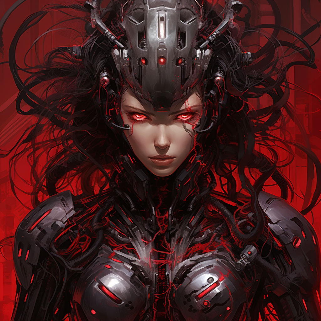 Detailed image of a red, aggressive cyborg goddess