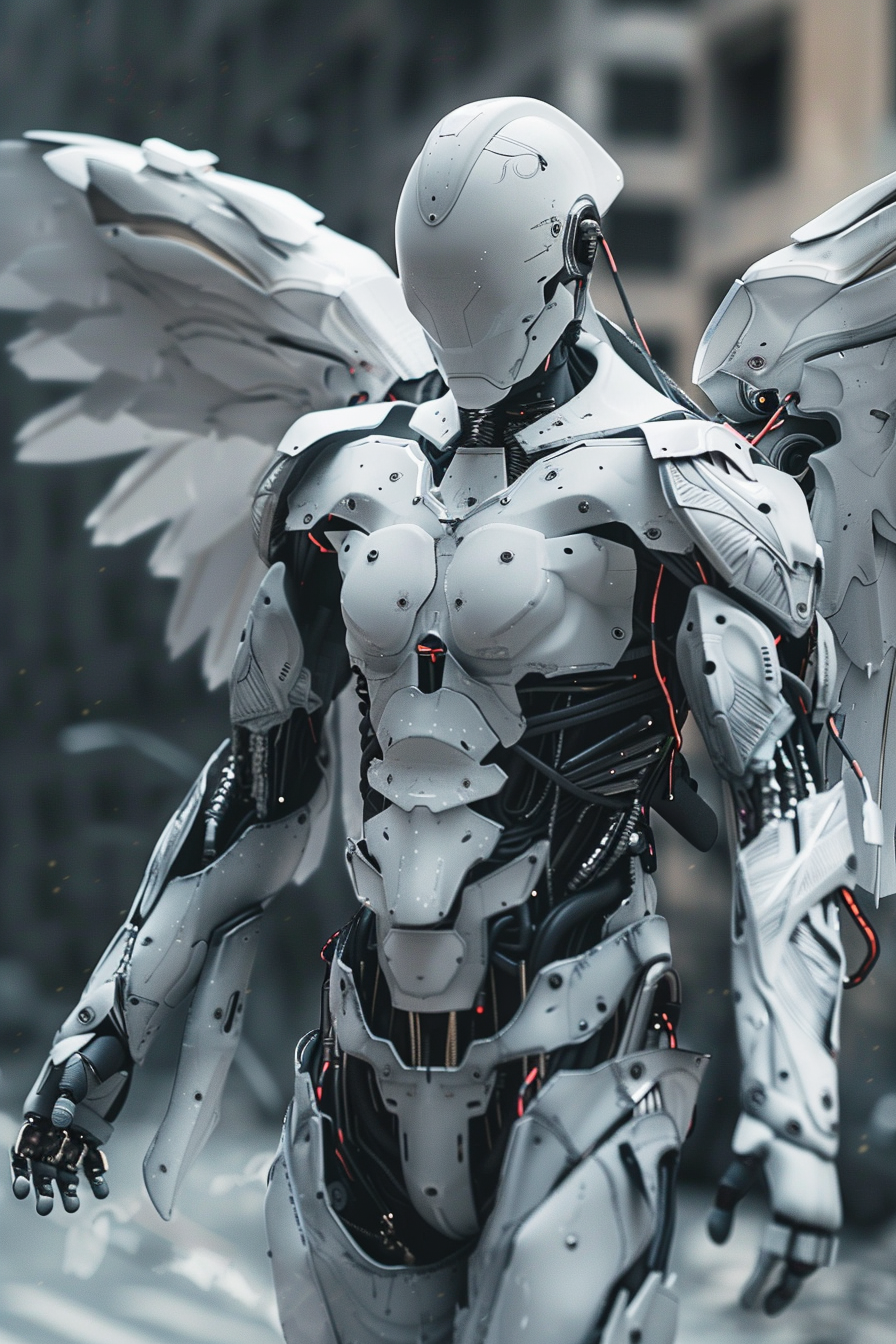 Cyborg with metallic angel wings