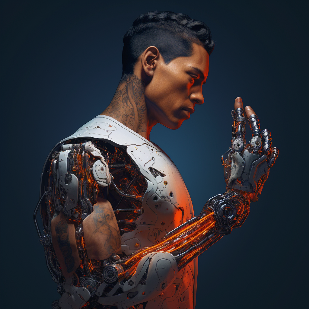 Cyborg working on own arm standing