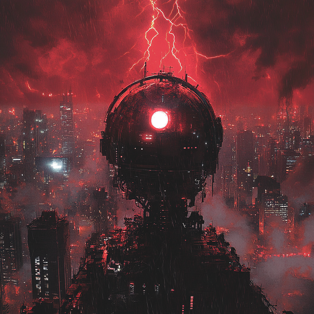 Cyborg in Dystopian Cityscape Chaos