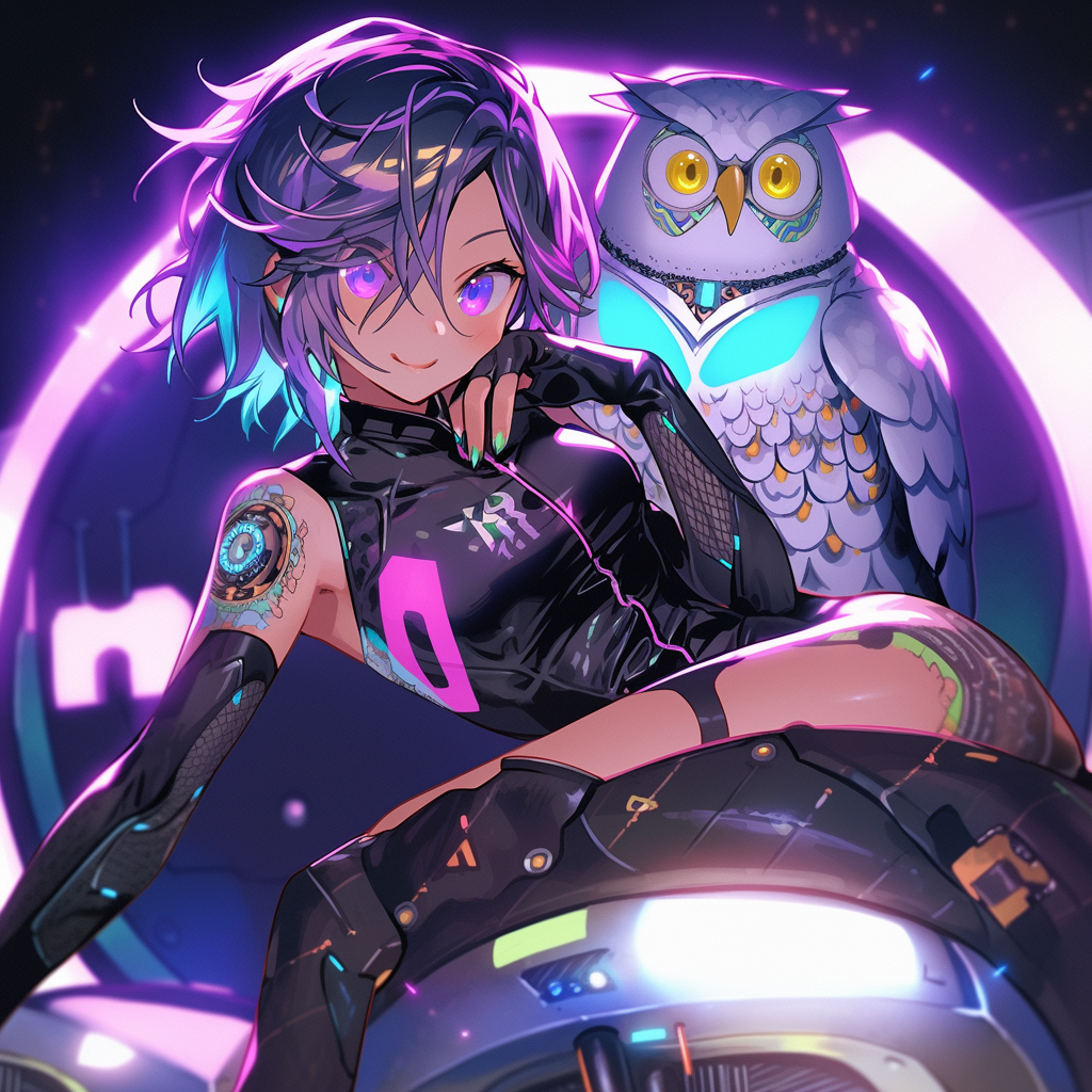 Cyborg owl resting with disco ball stomach