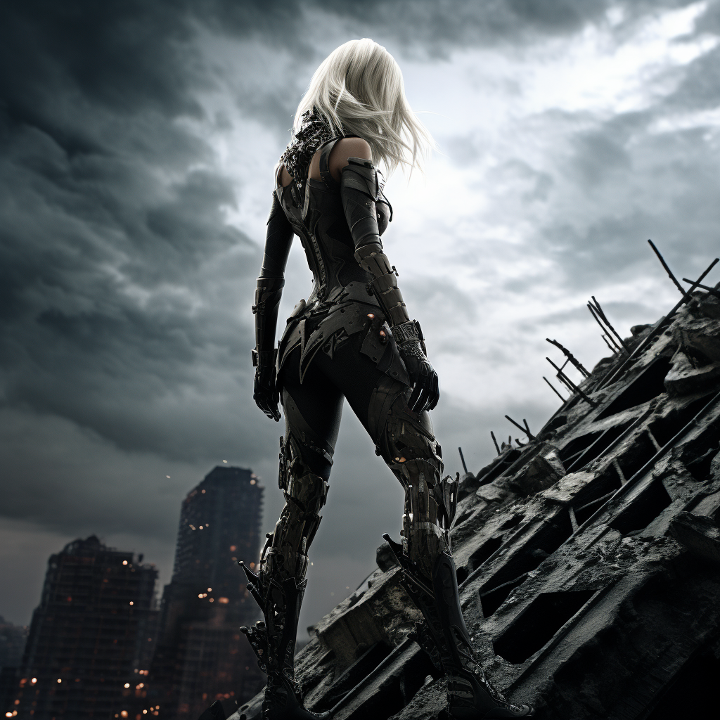 Cyborg heroine on crumbling building in dark skies