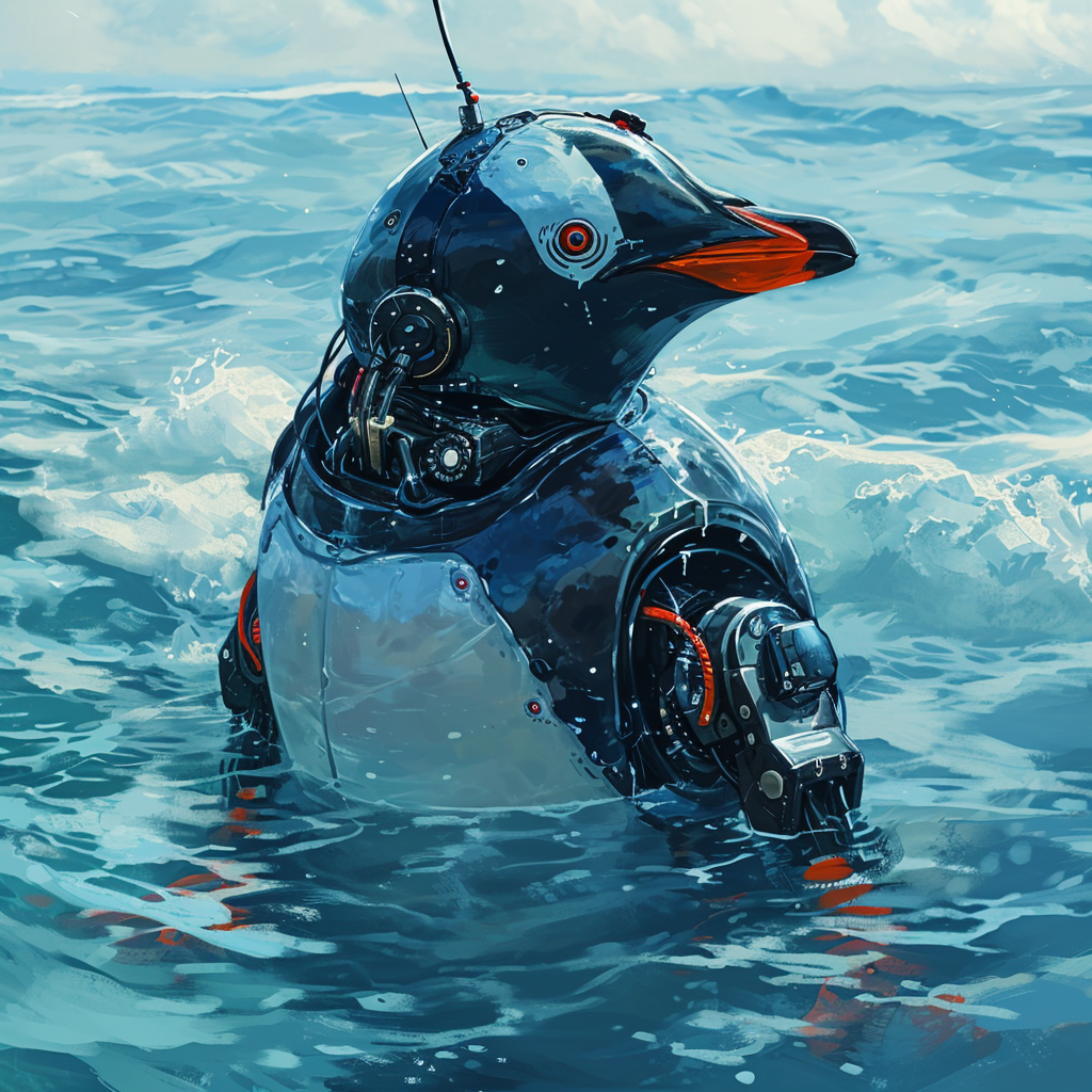 Half Robotic Cyborg Penguin Swimming in Glaciers