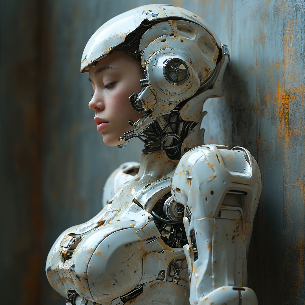 Cyborg woman with mechanical components replaced on wall