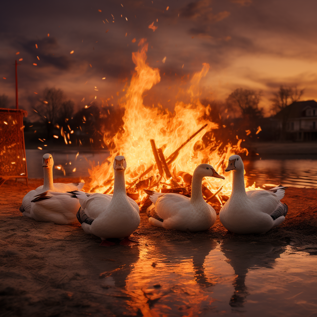 Geese circling bonfire in nature