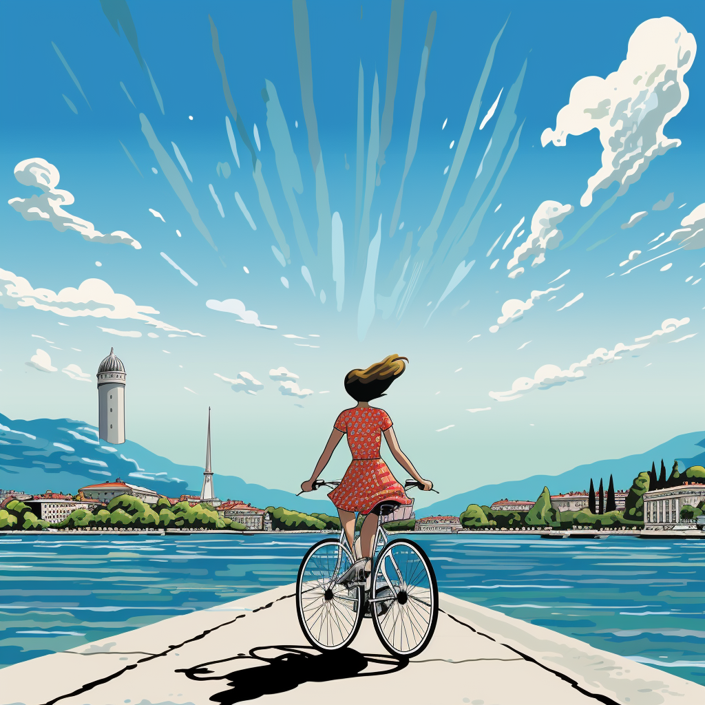 Cartoon-style lady cycling in Geneva, Switzerland