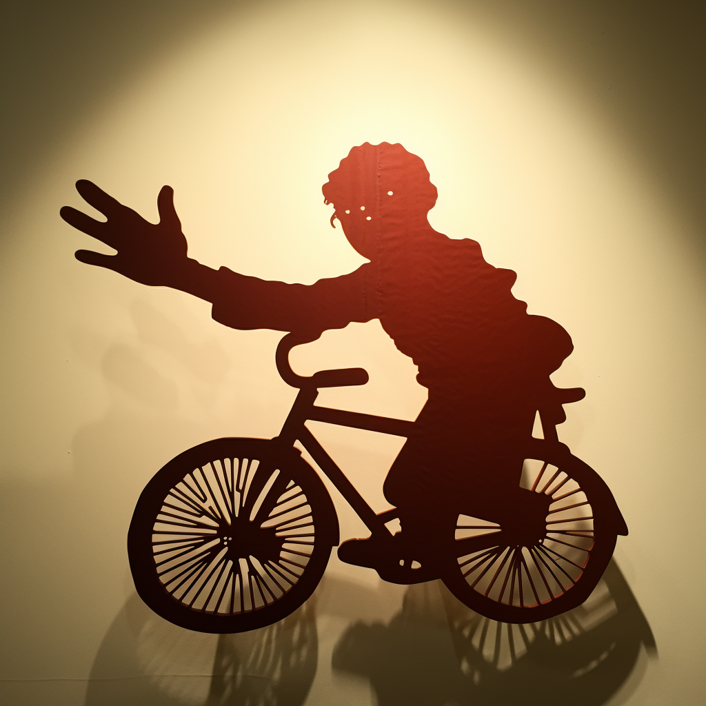 Cyclist sign in Chinese shadow puppets