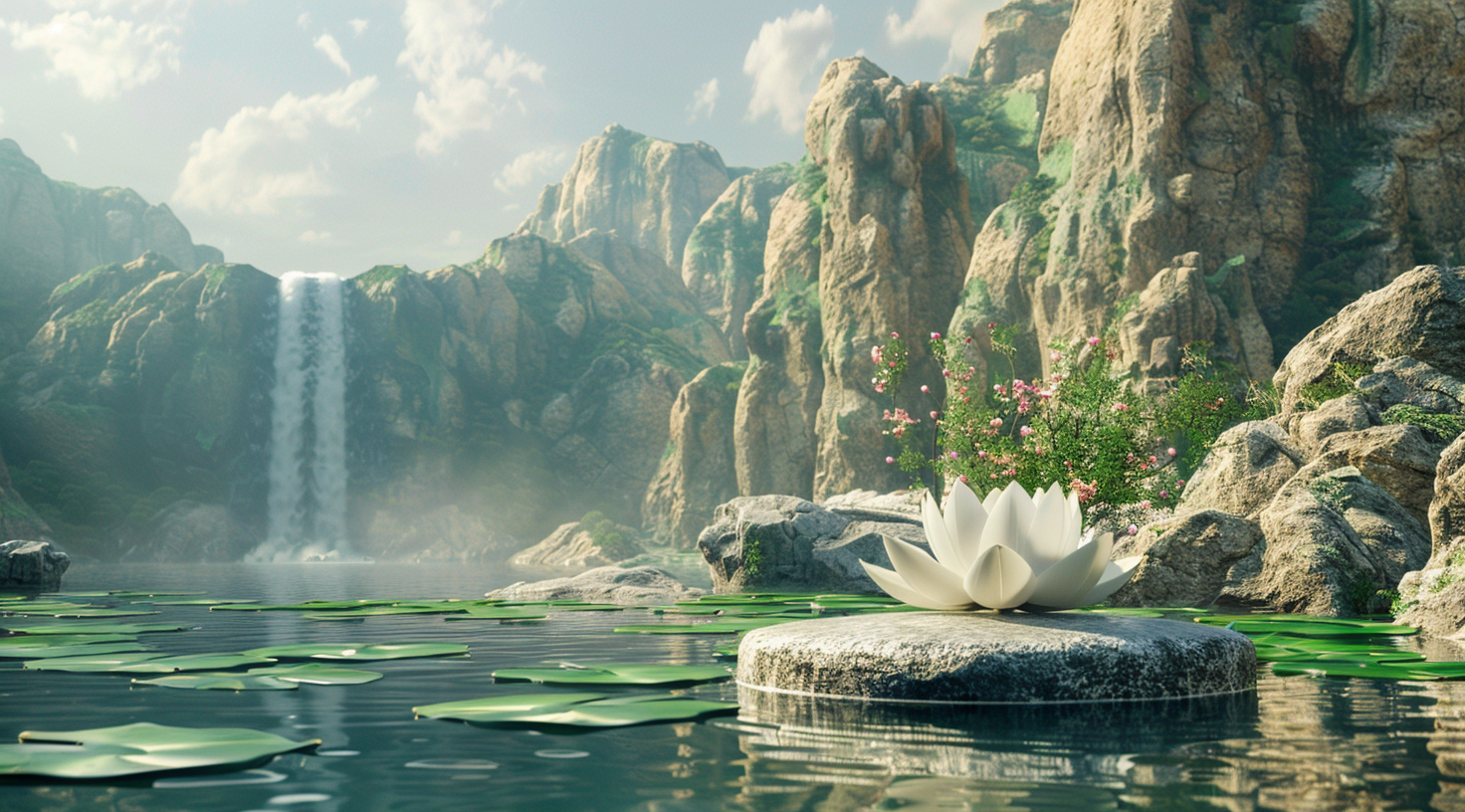 Cylinder Stone Lotus Waterfall Scene