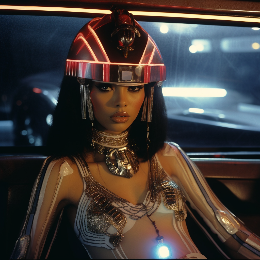 Cleopatra exuding power in a cyberpunk world