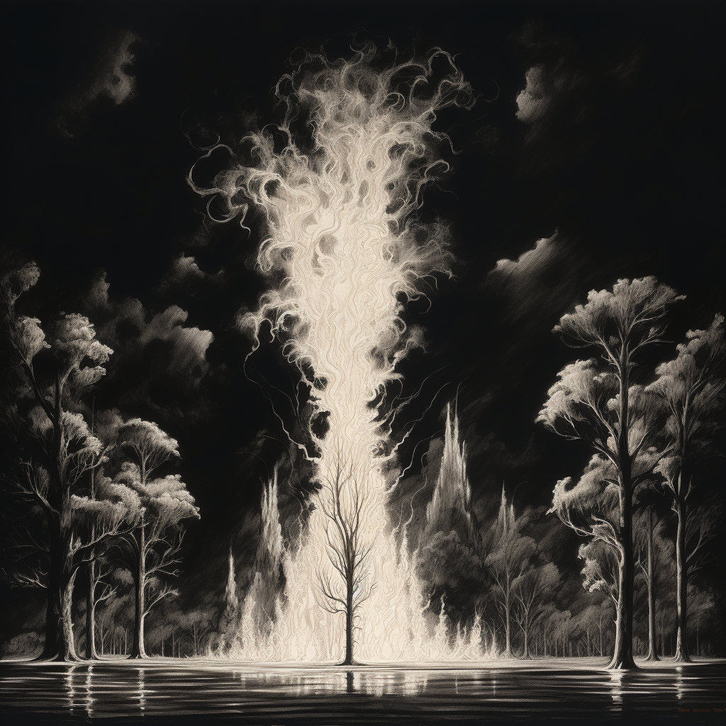 Artistic depiction of tall cypress tree with fire and water