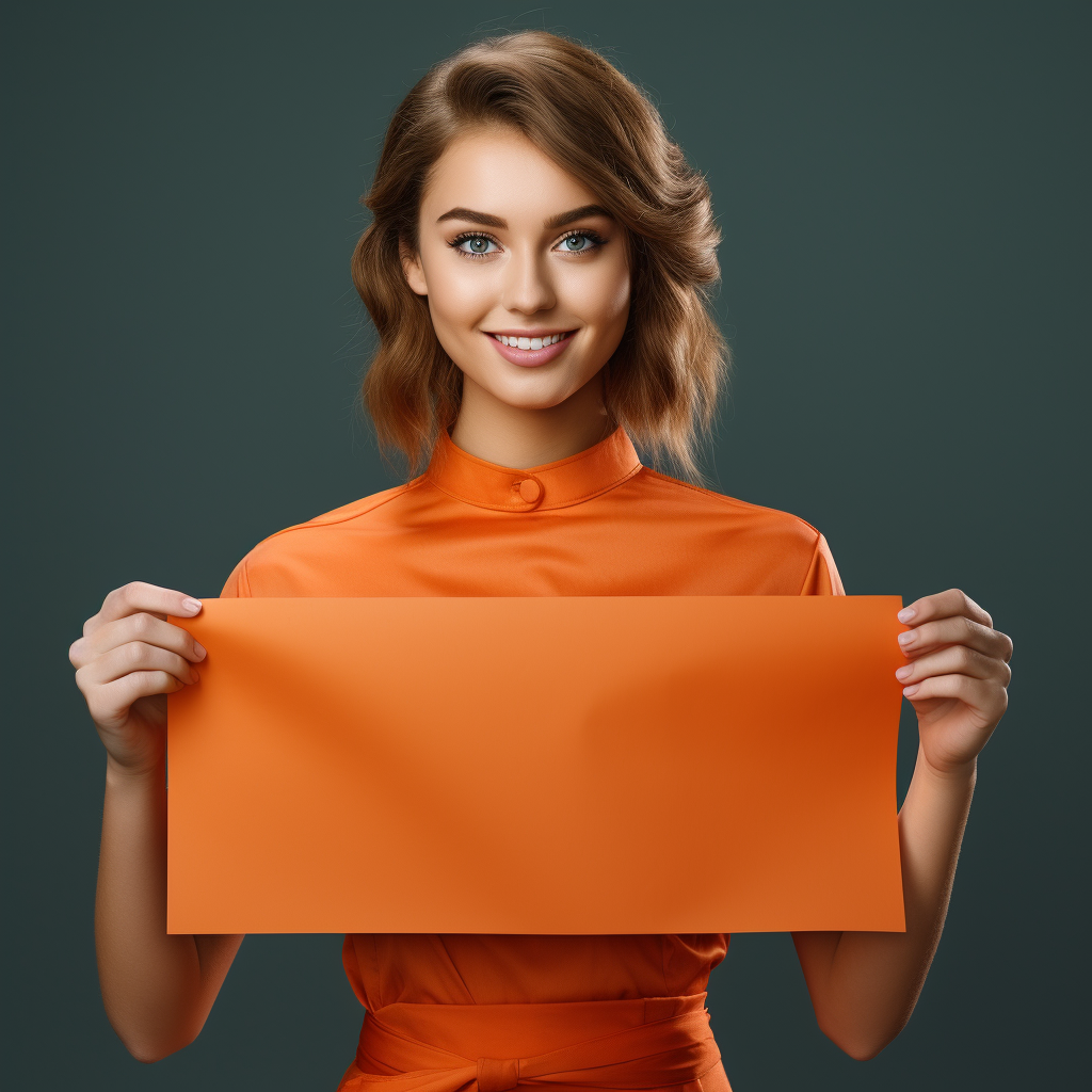 Czech hairdresser girl in orange uniform showing paper