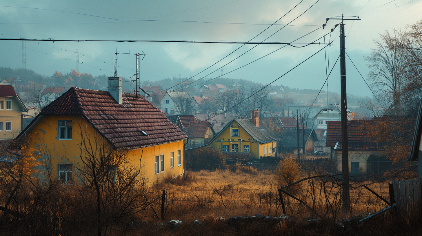 Czech village town yellow houses with blue energy sharing