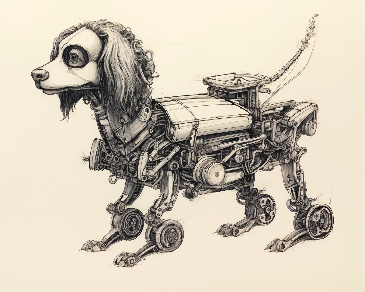 Futuristic mechanical Spaniel sketch by da Vinci