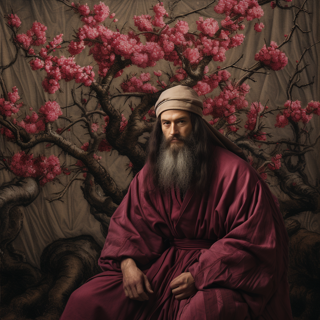 Leonardo da Vinci sitting under Japanese cherry tree