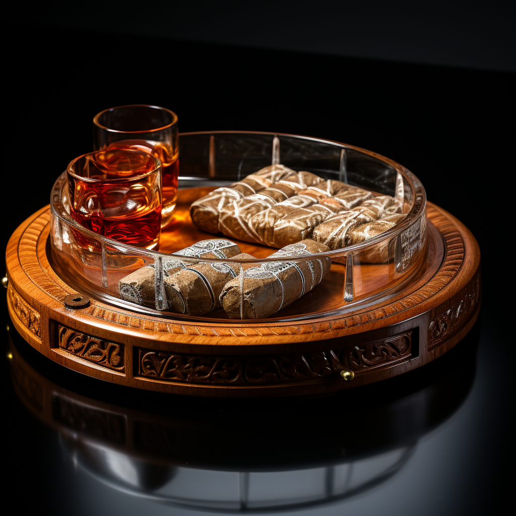 Realistic wooden ashtray with cigarettes in da Vinci style