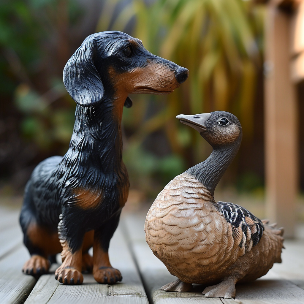 Small dachshund dog attacking tall stuffed goose