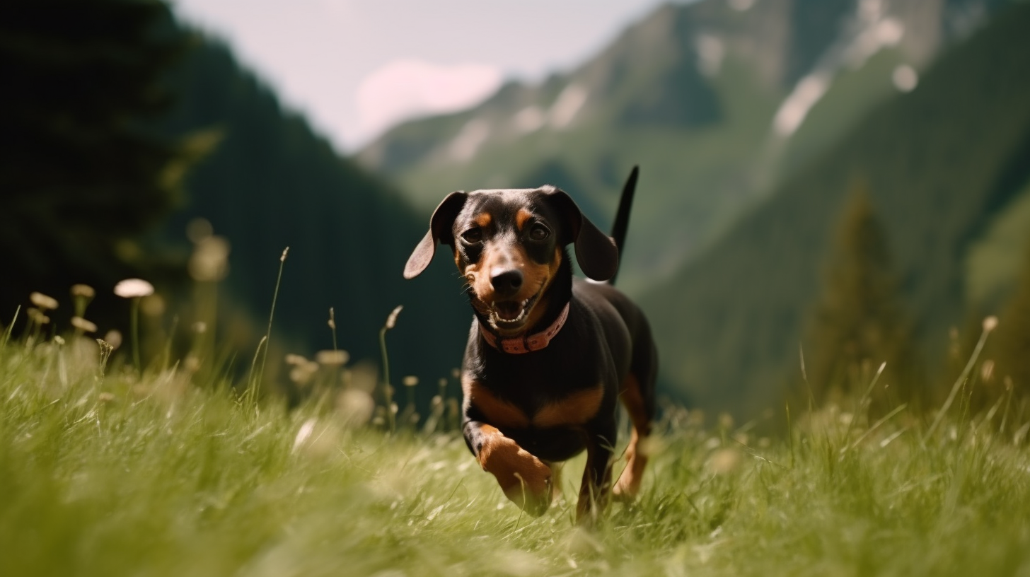 Dachshund running in German Alps