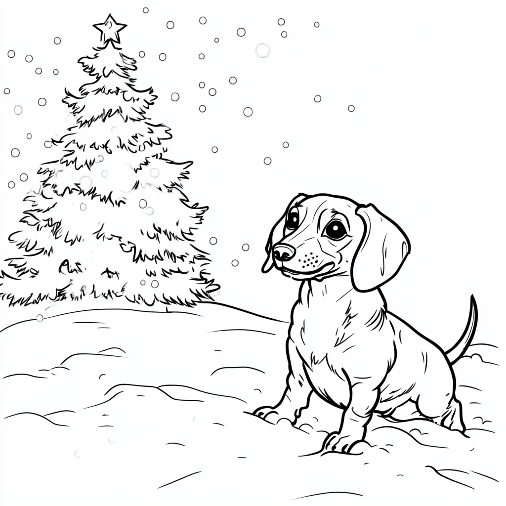 dachshund playing in snow, white christmas tree, black and white