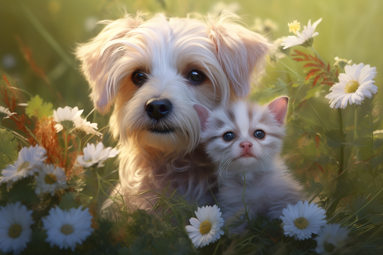 Cute dachshund puppy cuddling a white Persian kitten