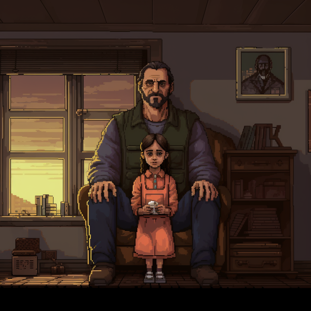 Retro horror game style family photo with dad and daughter