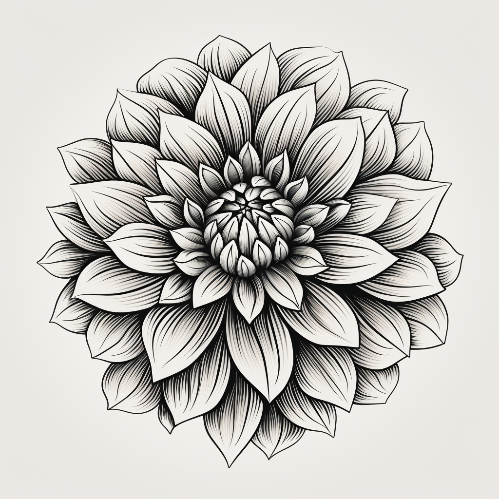 Vector grayscale illustration of a dahlia flower