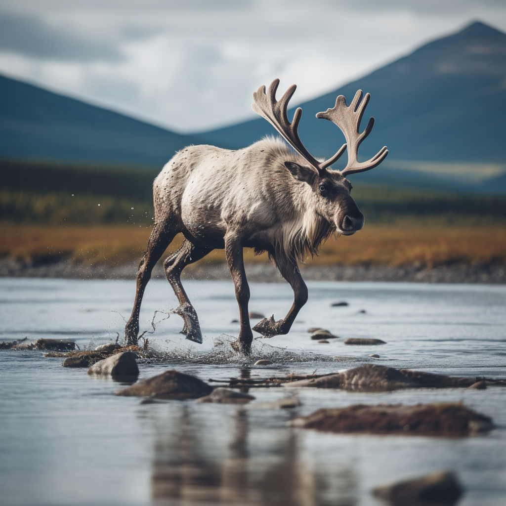 Caribou gracefully steps over rod