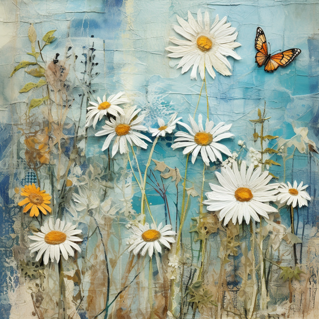 Collage of daisies, butterflies, and objects