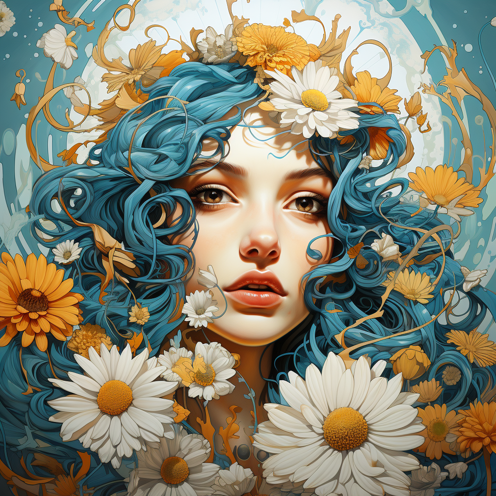 Beautiful woman's face surrounded by daisy flower