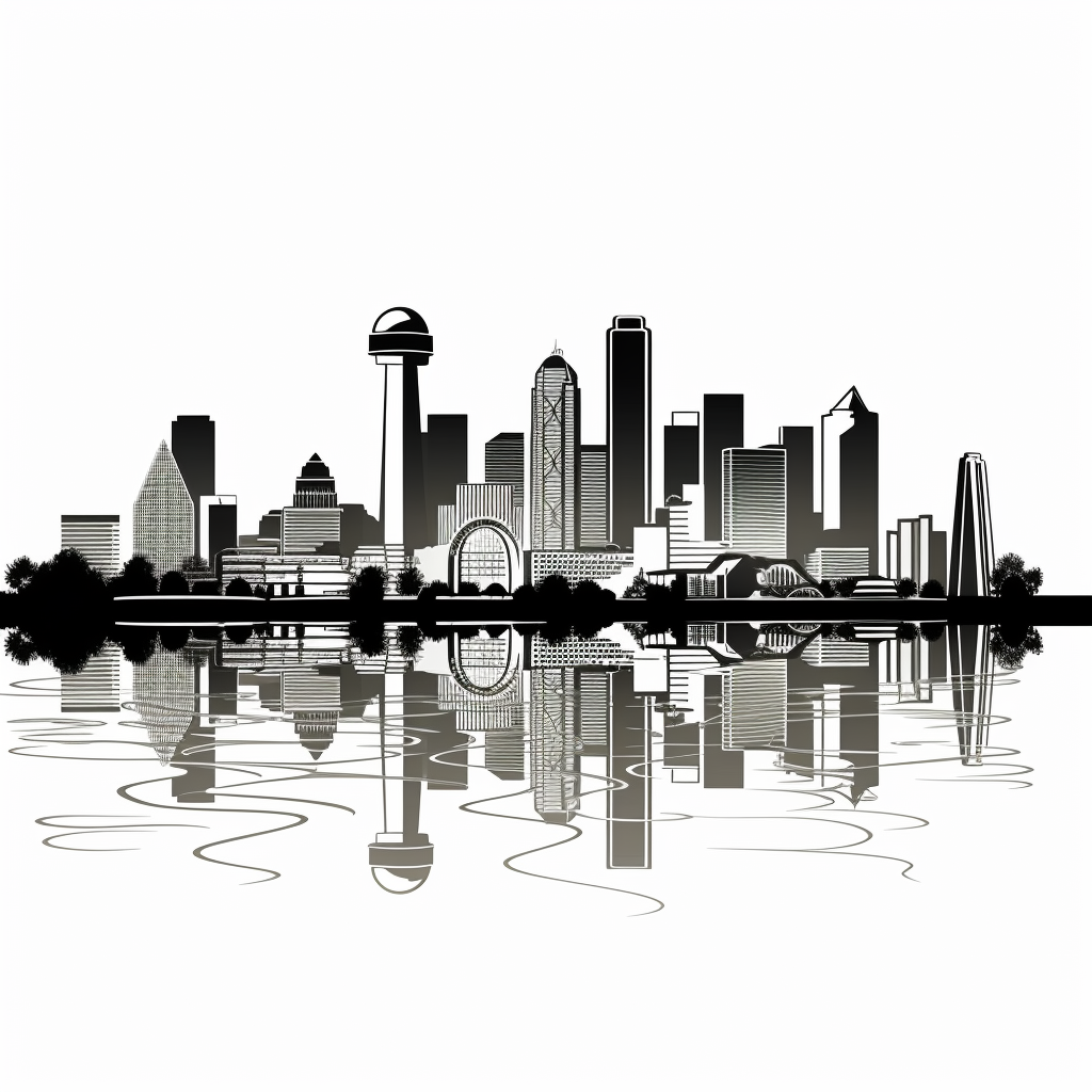 Black outline vector of Dallas skyline on white backdrop