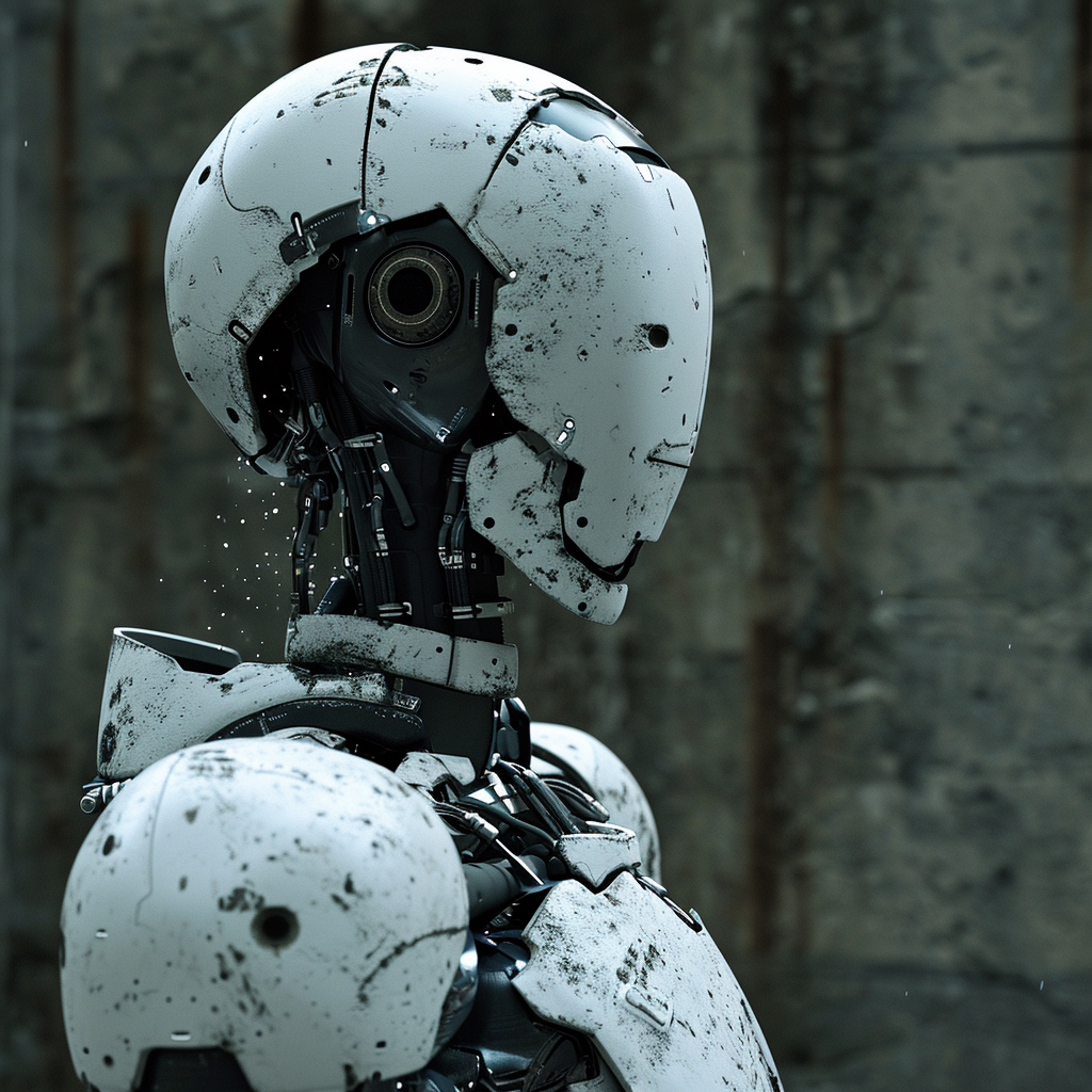 Damaged android in post-apocalyptic environment