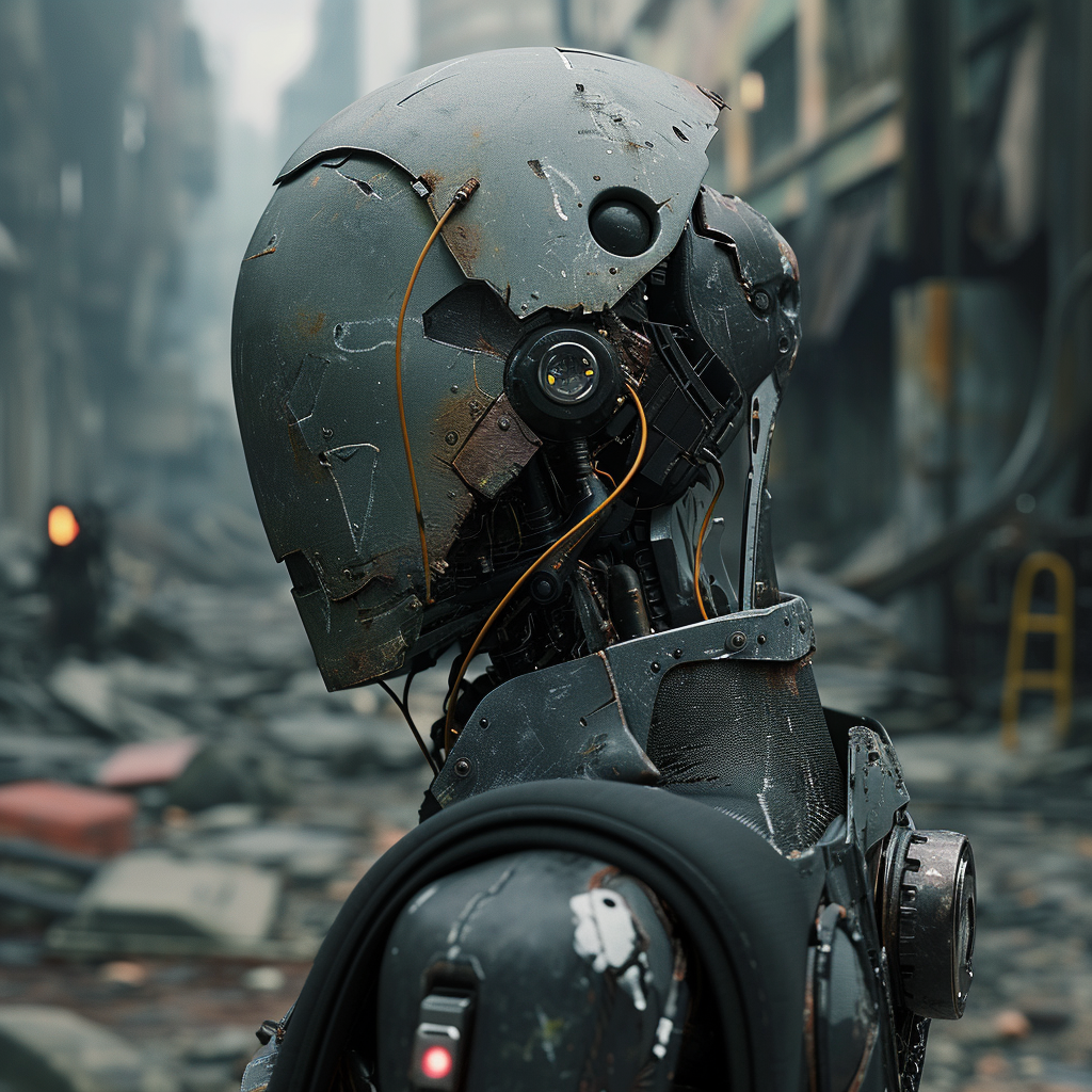 Damaged android in post-apocalyptic setting