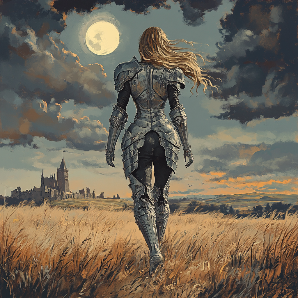 damaged knight walking in field towards castle under moon.