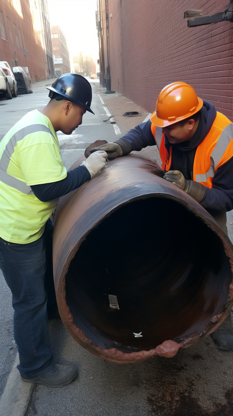 Two workers inspecting a damaged pipe