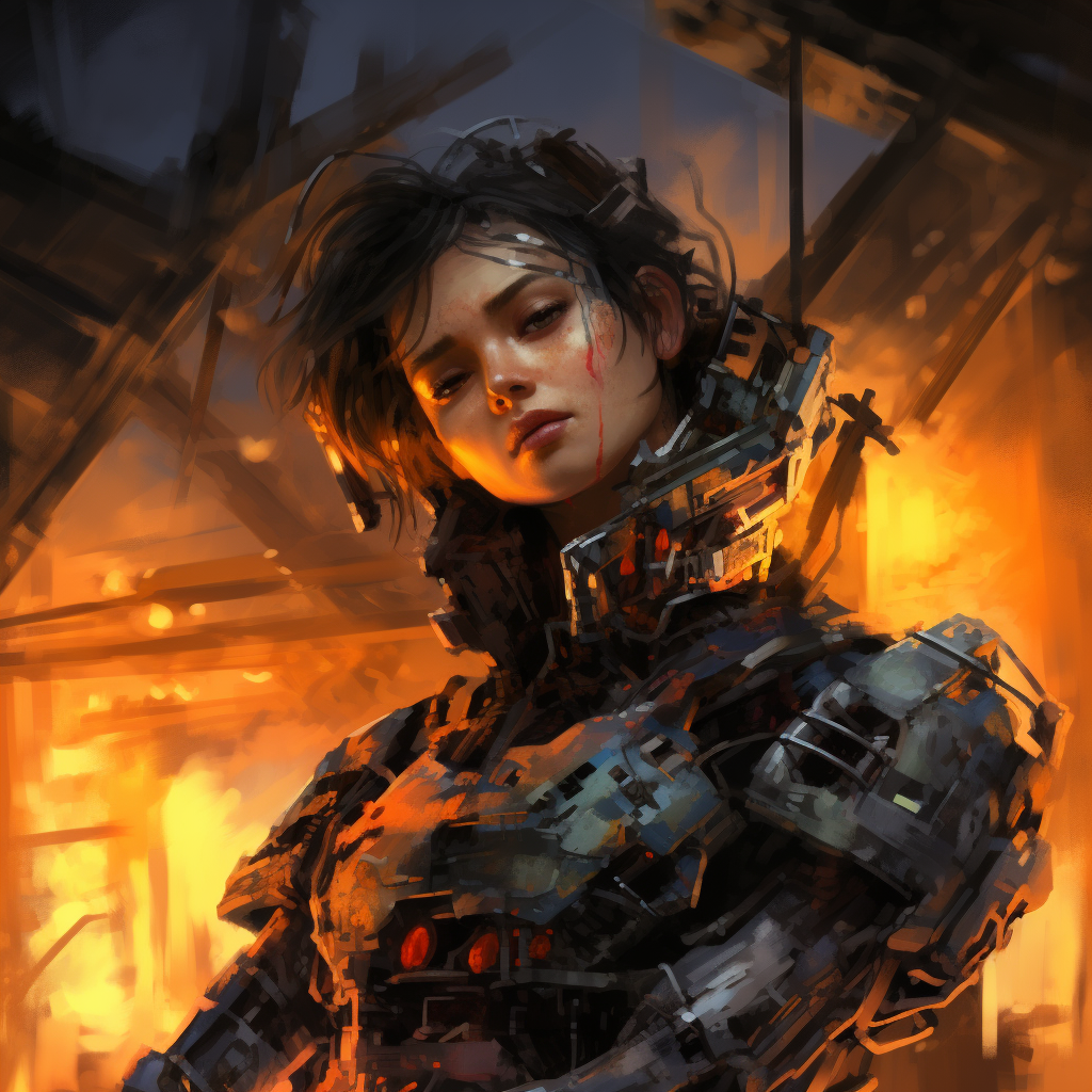 Damaged robot girl lying on burning scrap