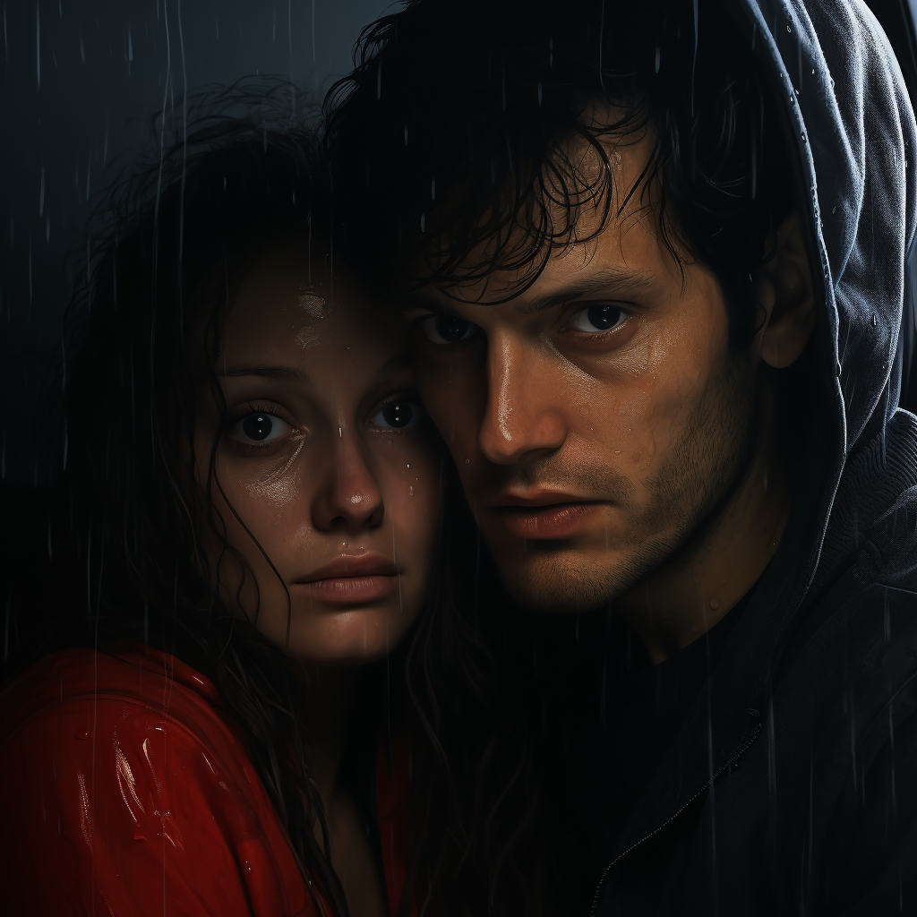 American woman couple in dark, wet horror scene