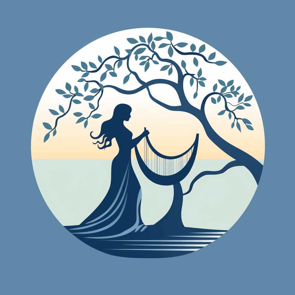 Graceful girl dancing in a tree with a harp