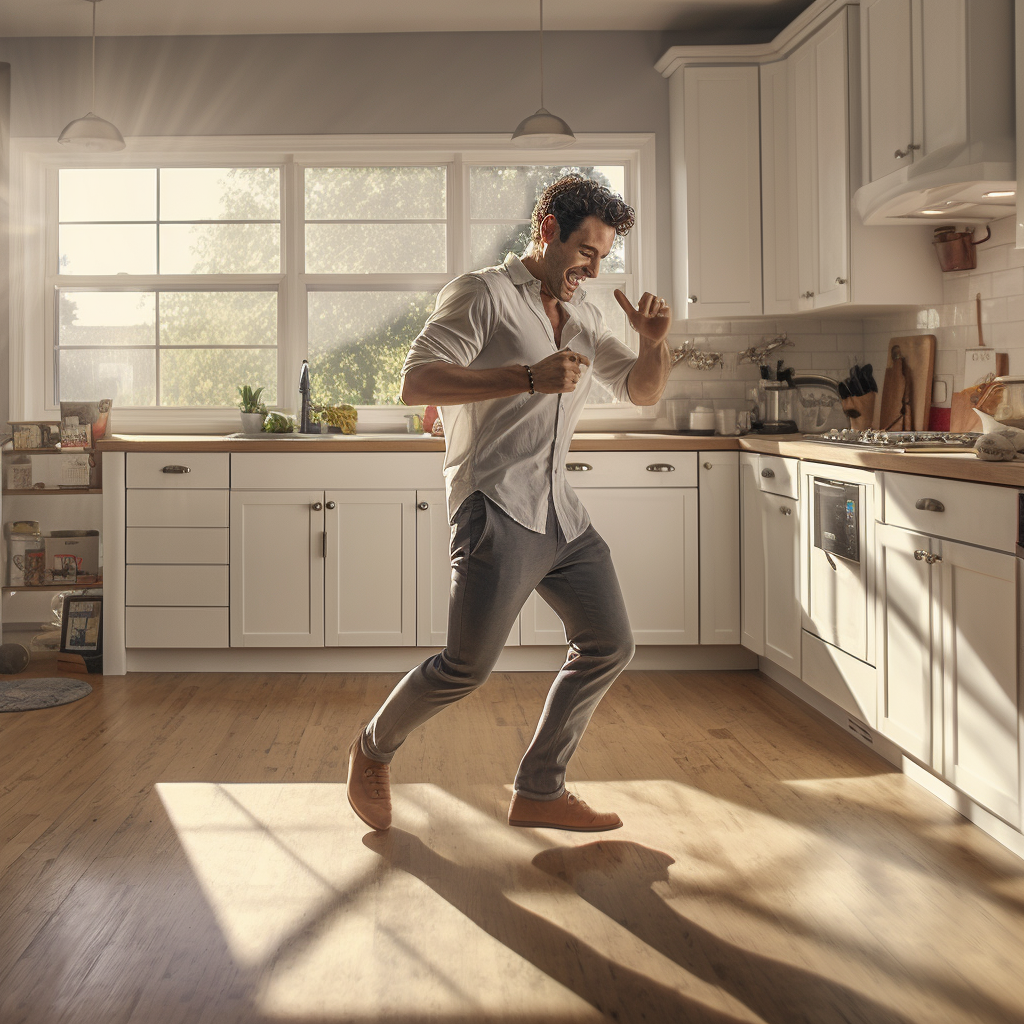 Man dancing in modern kitchen with cell phone