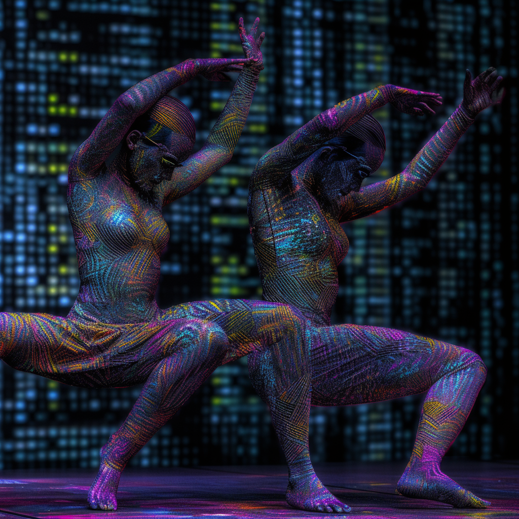 Dancers in motion capture suits performing Bharatanatyam