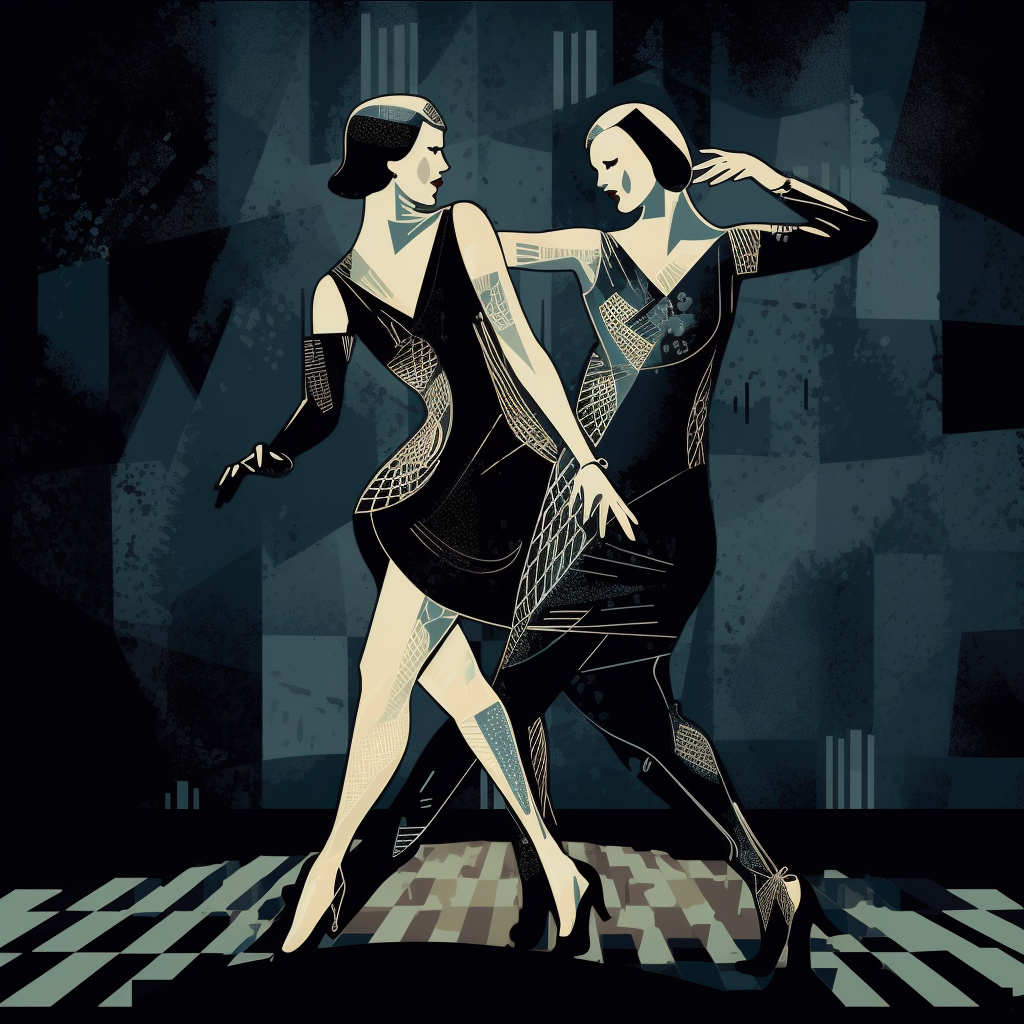 Glamorous dancers in dark noir pop art deco