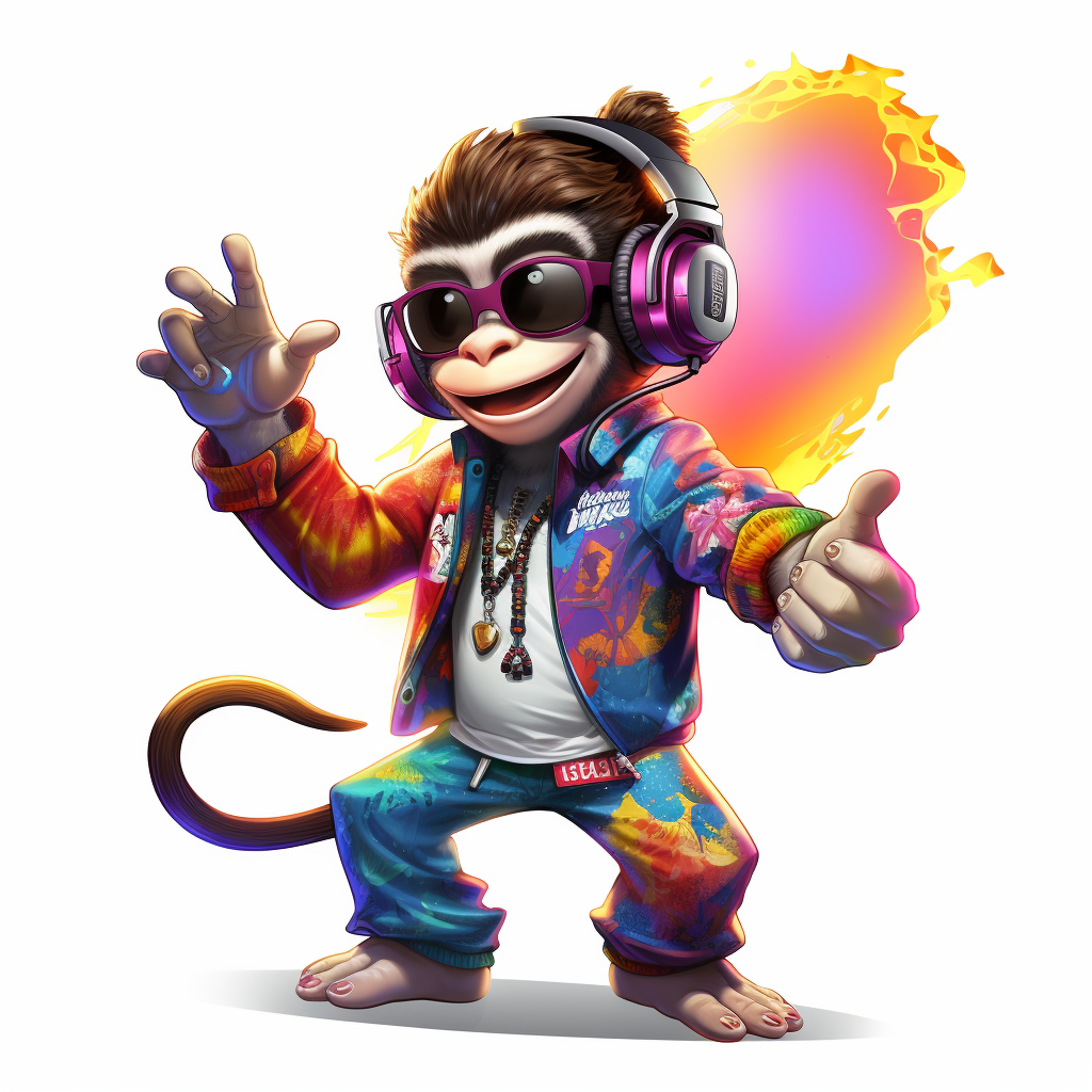 Smiling dancing cartoon monkey with shades and headset