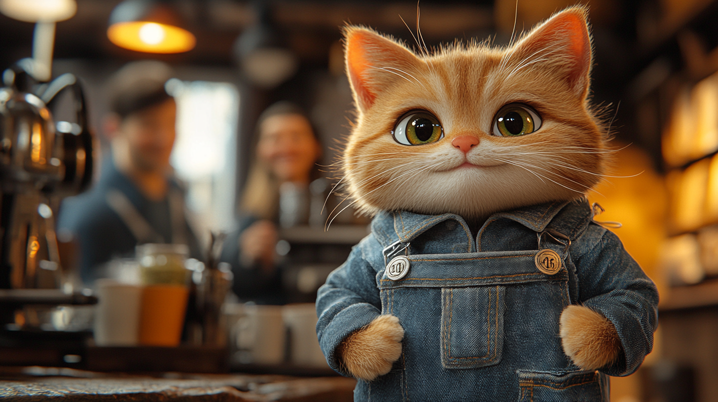 Cat dancing in denim at coffee