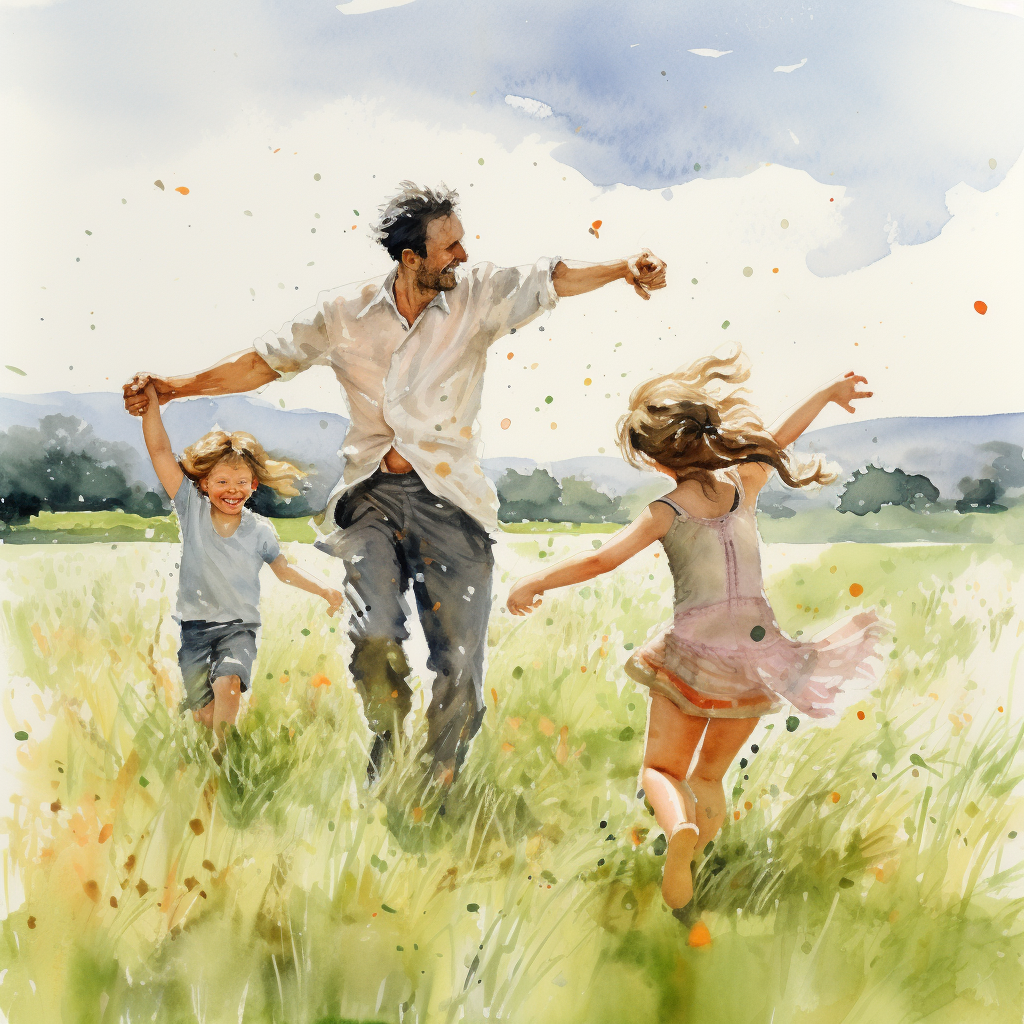 Children Dancing in Field Watercolor Painting