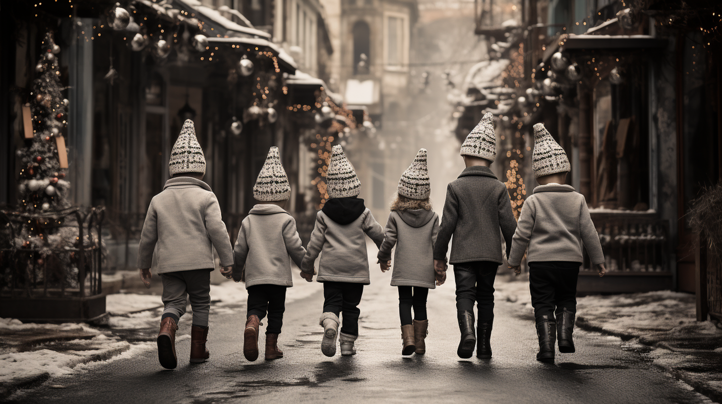 Quirky children dancing in festive village