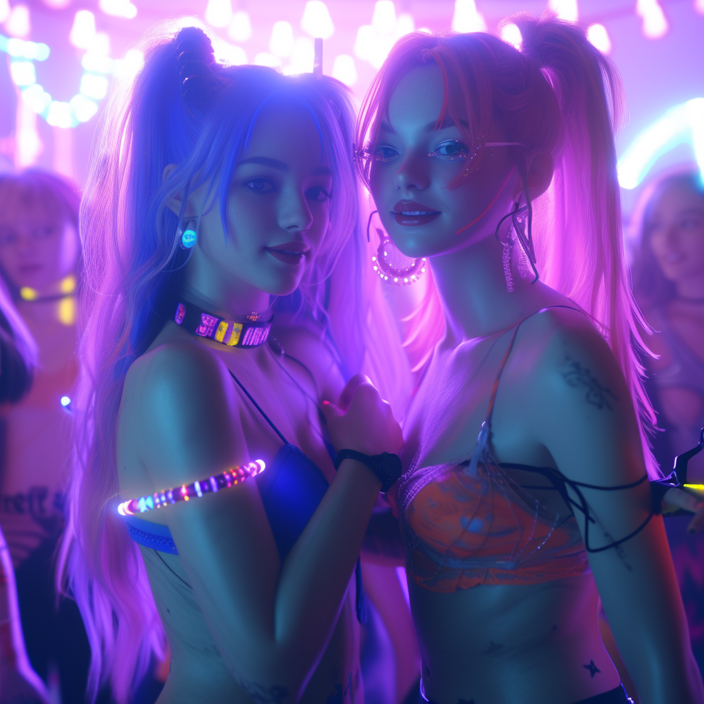 Raver girls dancing with glowsticks in crowd